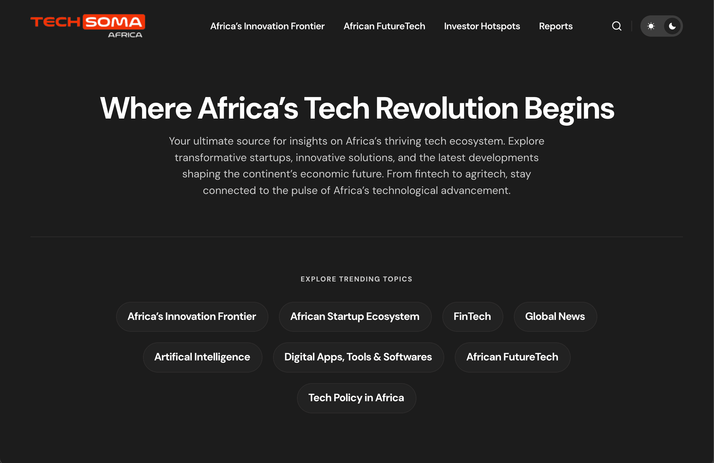 TechSoma Africa: Pan-African Tech News Platform homepage screenshot